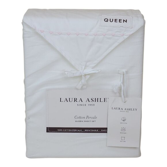 Laura Ashley Queen Sheet Set Cotton Percale Pink Heart Embroidered Easy Care - Picture 7 of 7
